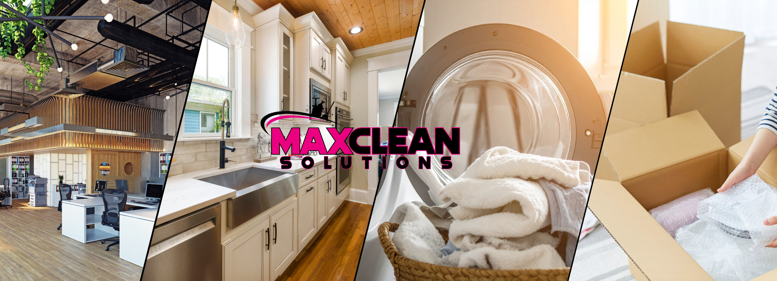 Collage of images including a modern office space, a kitchen with white cabinets, a front-loading washing machine with laundry, and an open cardboard box with packing materials, with MaxClean Solutions logo in the center.