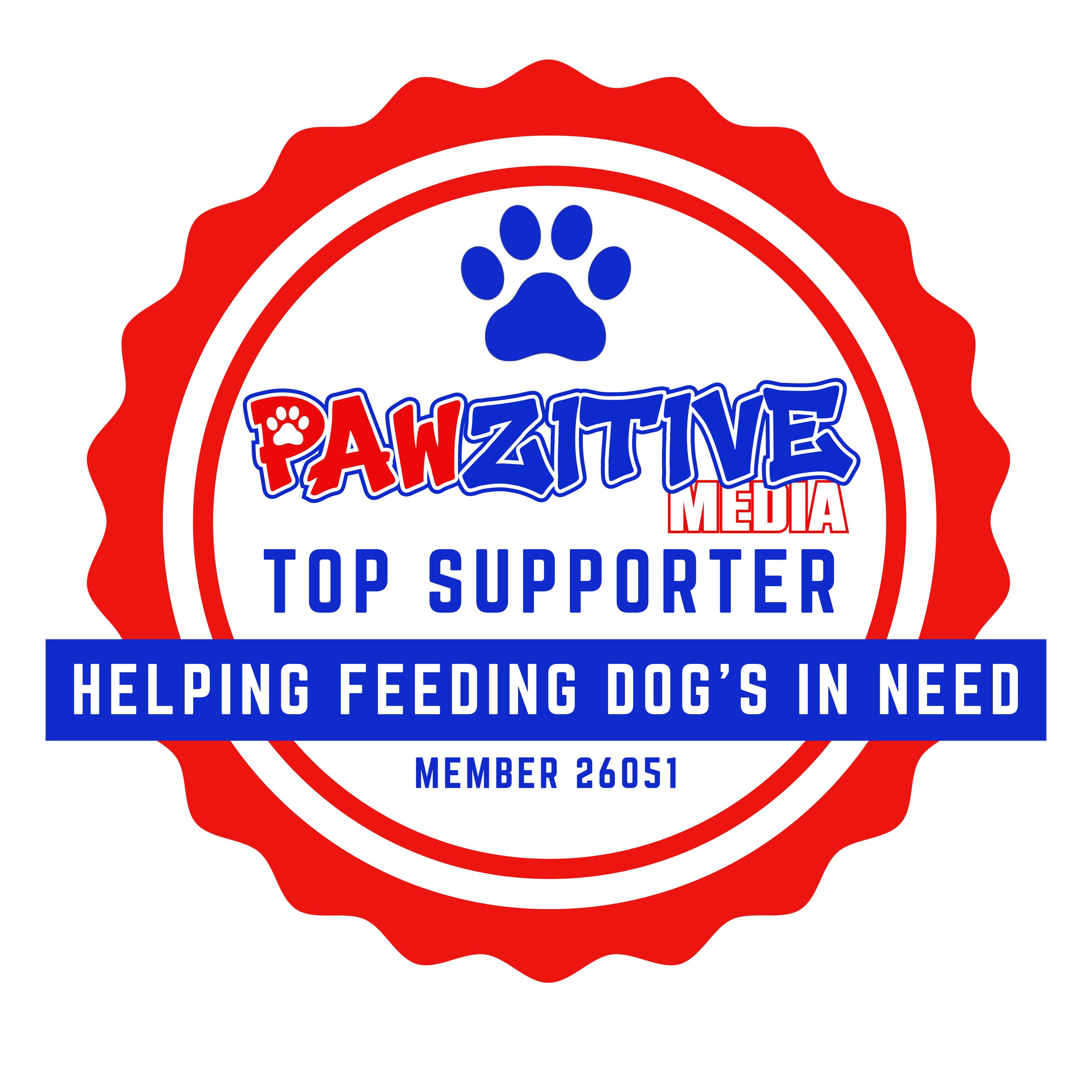 Badge with red, white, and blue colors reading 'Pawzitime Top Supporter Helping Feeding Dog's Needs' and a blue paw print at the top.