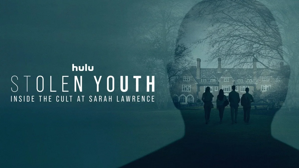 A promotional graphic for Hulu's series 'Stolen Youth: Inside the Cult at Sarah Lawrence,' featuring a silhouette of a person's head with a scene of four people walking towards a large house inside it.