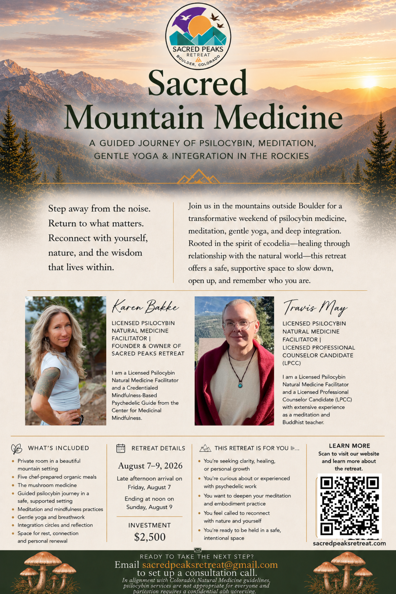 Poster for Sacred Mountain Medicine retreat in Boulder, Colorado, from August 7-9, 2026, featuring mountain landscape, sunrise, and info about facilitators Karen Bakke and Travis May.