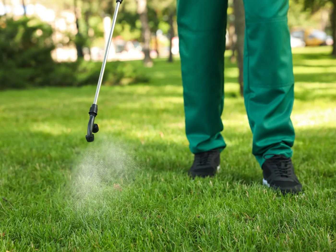 Person in green pants and black shoes spraying lawn with a spray nozzle in a park.