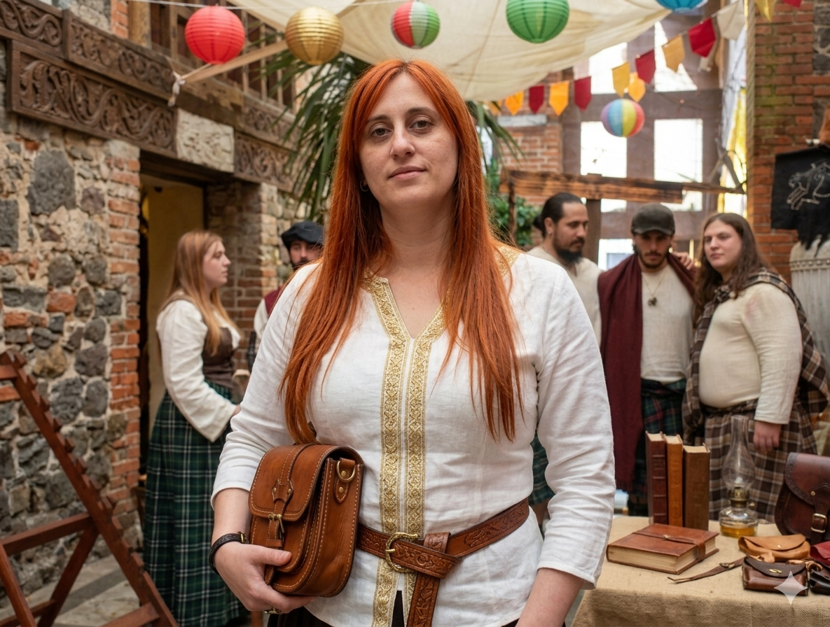 Mujer con cabello rojo y expresión serena en un mercado de estilo medieval, con decoraciones de papel y personas vestidas con ropa tradicional en el fondo.