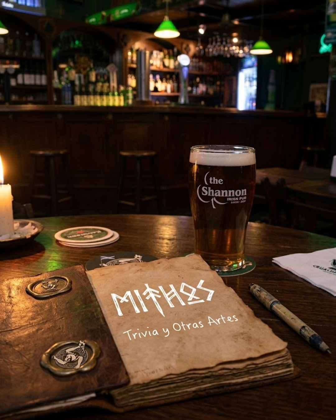 Menú de juegos llamado 'Mithos' en un ambiente de bar con una pinta de cerveza en la mesa