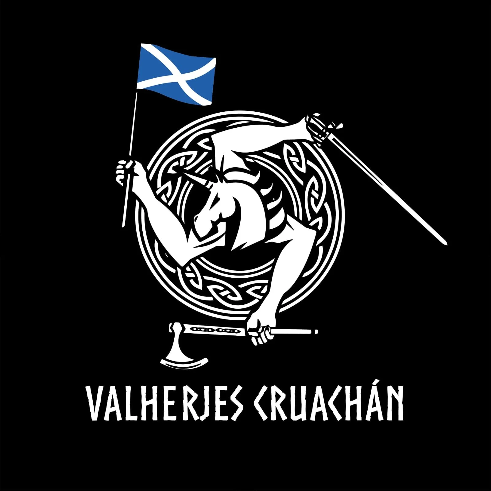 Un dibujo en estilo cel shading de un guerrero vikingo con casco, barba y espada, sosteniendo una bandera de Escocia, dentro de un círculo con trenzados. Texto en la parte inferior: 'Valhalla Valhjerjes Cruachan'.
