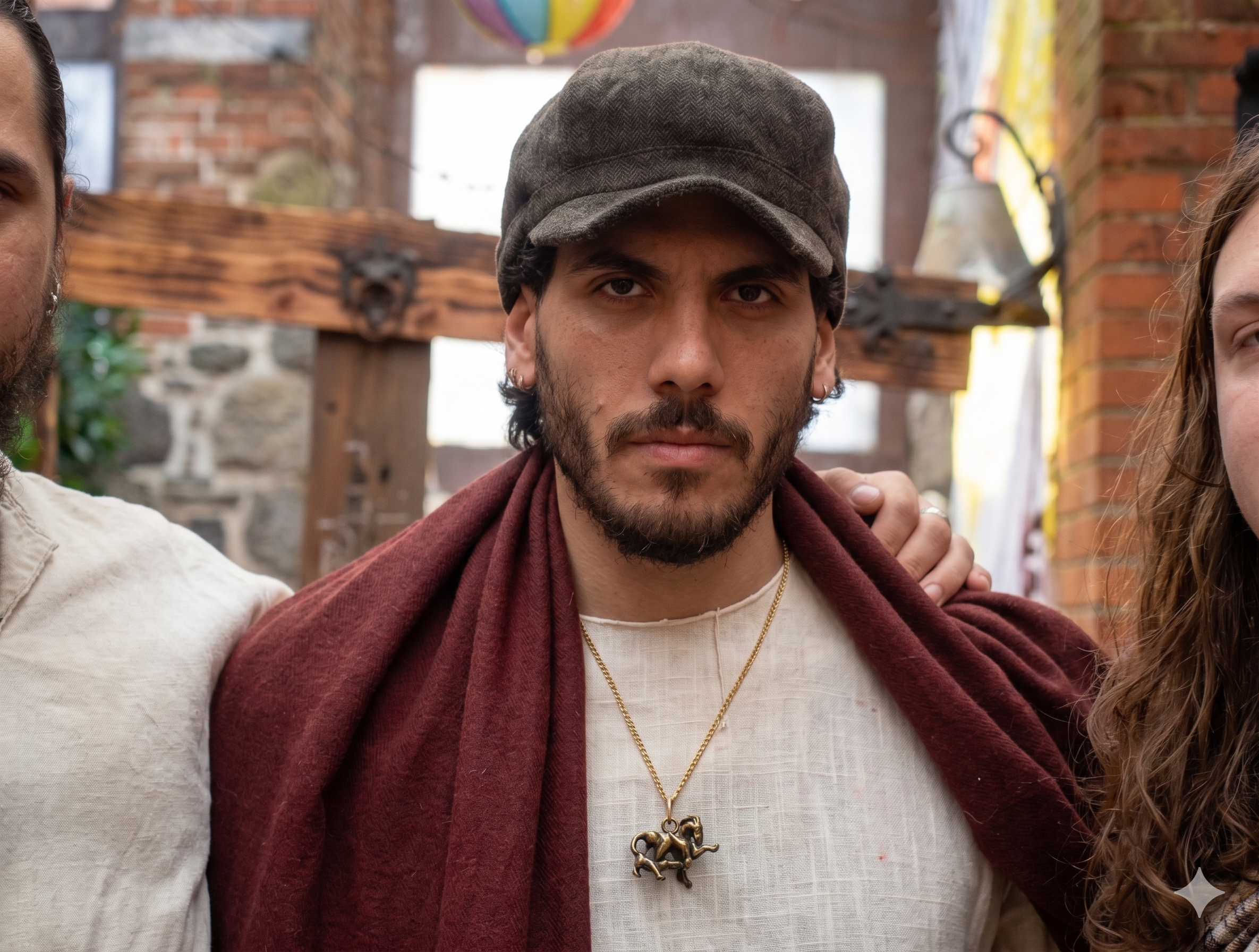 Grupo de personas con un fondo de paredes de ladrillo y decoraciones, foco en un hombre con barba, sombrero gris, usando una camiseta blanca y una bufanda más oscura, con un colgante en forma de animal.