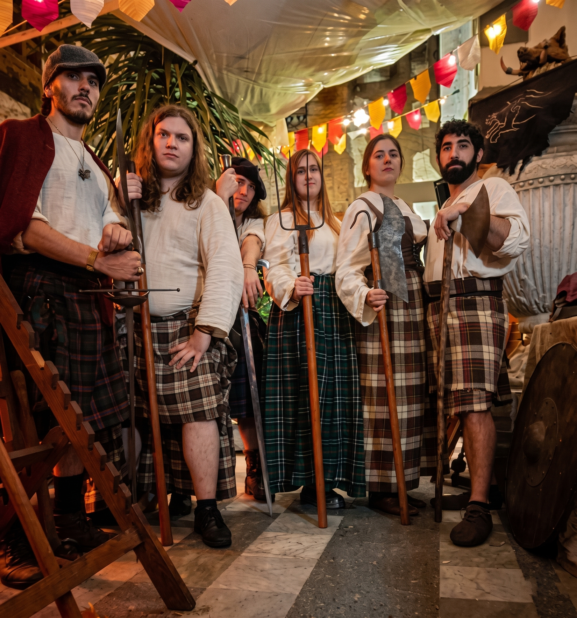 Grupo de personas vestidas con ropa de estilo medieval, algunas con armas como espadas y horquillas, en un ambiente decorado con banderines de colores y una escultura de un toro. Celebran y se preparan para un evento o festejo.