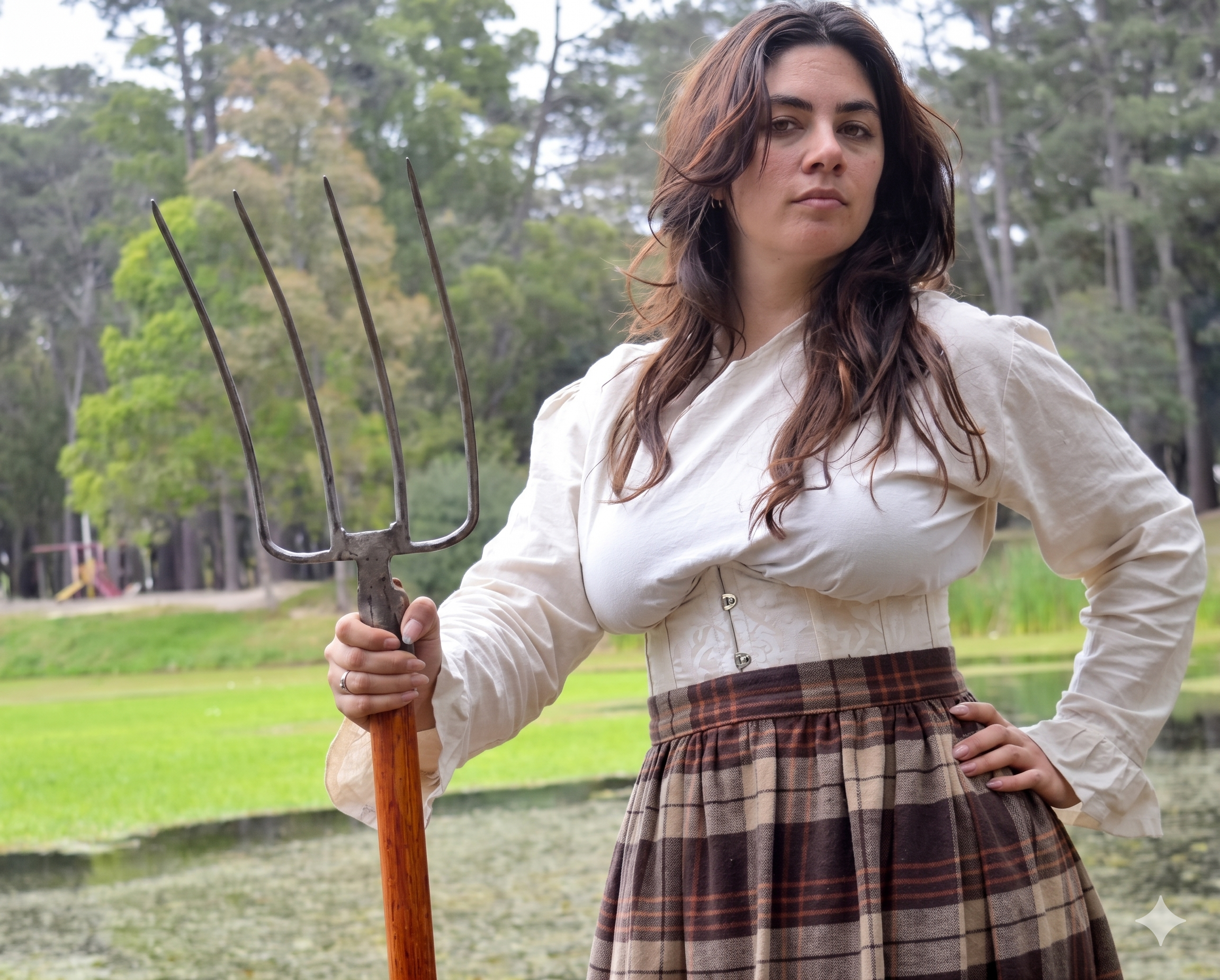 Una mujer con ropa de época sostiene un horquilla en un parque con árboles y agua, de fondo.