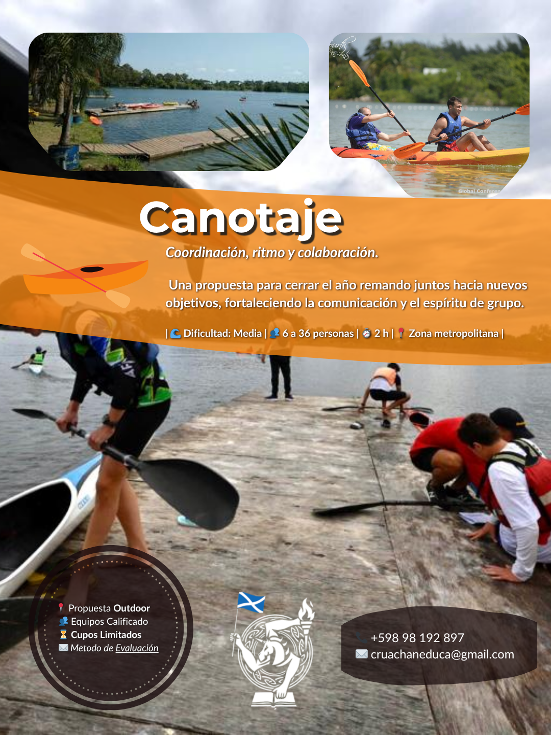 Cartel promocional en español sobre actividades de canotaje, mostrando imágenes de personas navegando en kayak y remando en lagos o ríos, con detalles de contacto y características del evento como dificultad, número de personas y duración.