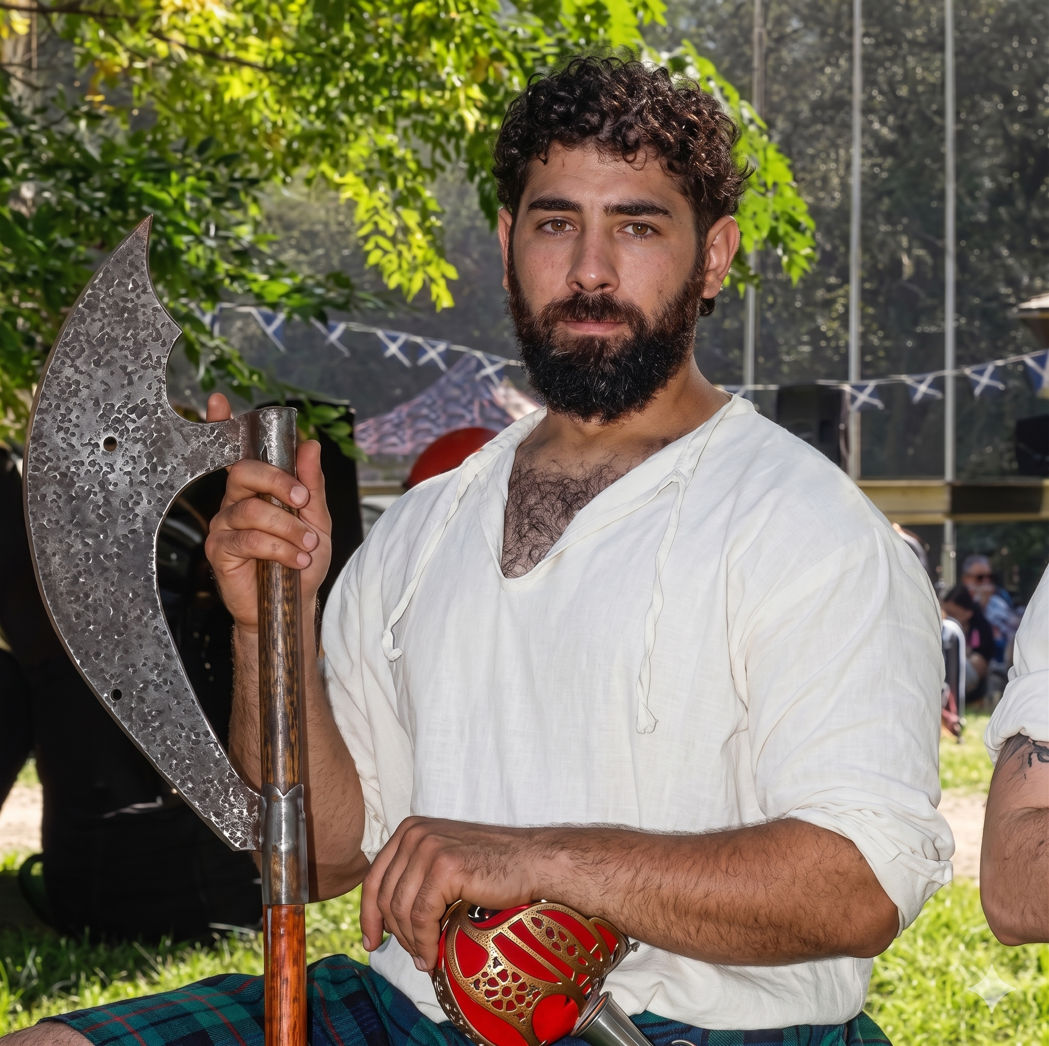 Hombre con barba y cabello rizado, vestido con camisa blanca y falda tartán, sosteniendo una hacha de hierro y un escudo decorativo, en un entorno con vegetación y fondo de malla metálica y toldos.