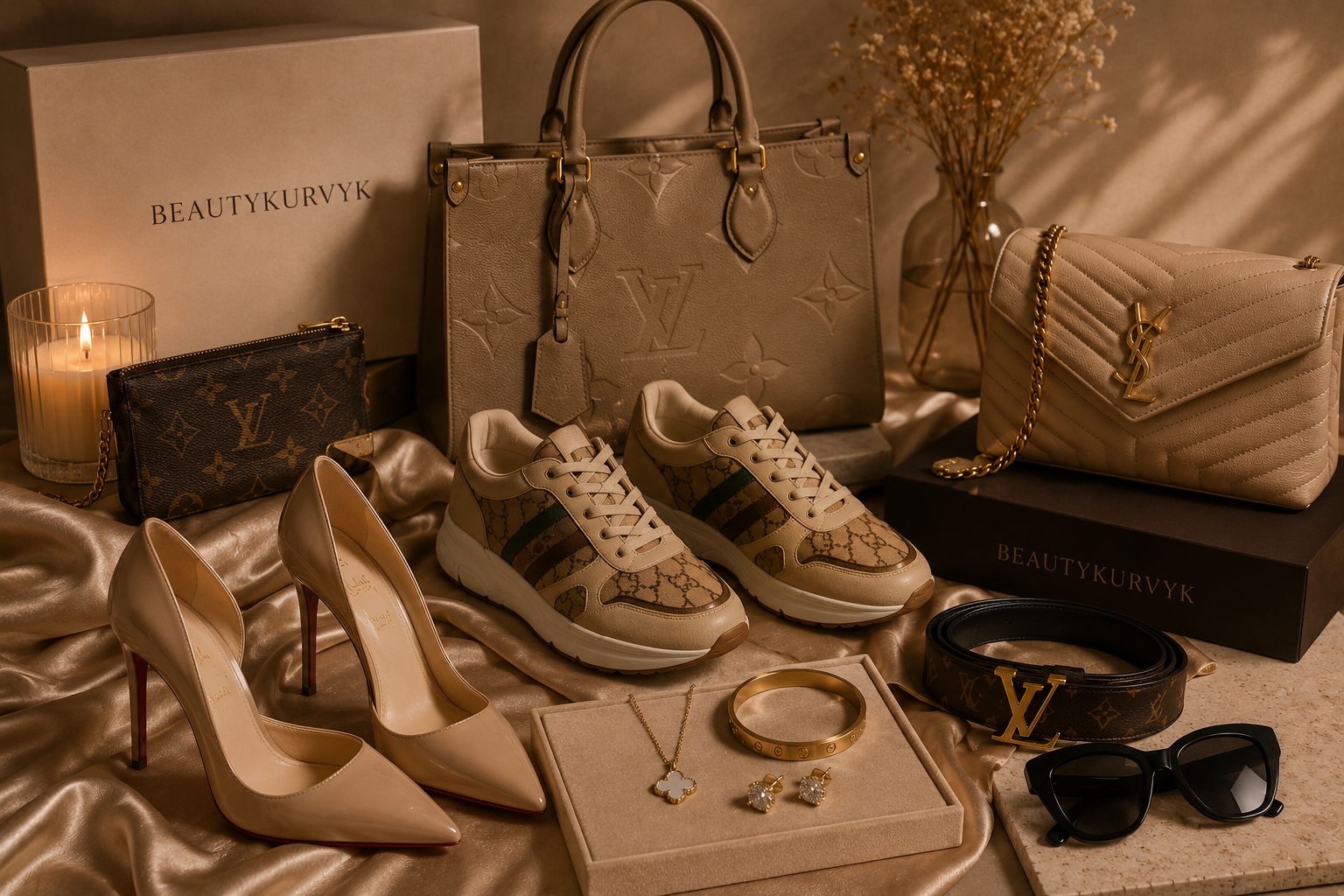 Luxury fashion accessories including beige high heels, designer sneakers, a Louis Vuitton wallet, handbag, belt, jewelry, and sunglasses, organized on a satin fabric with flower and candle decorations in the background.