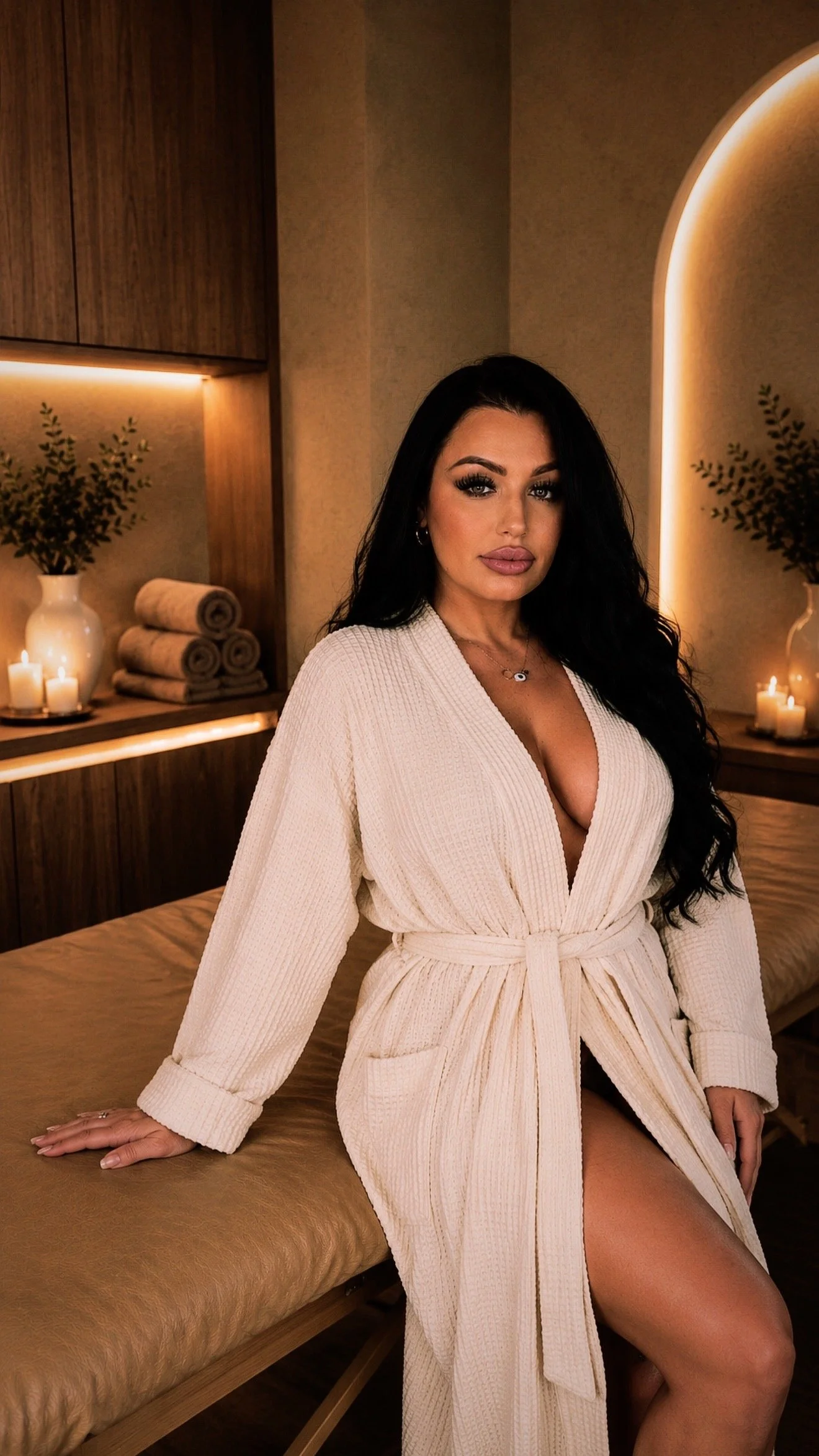 Woman with long black hair wearing a white robe sitting on a bed in a dimly lit room with candles and plants on shelves.