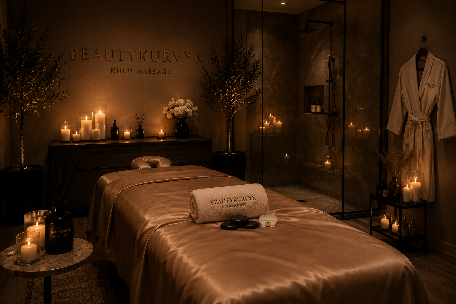 Spa room with a massage bed covered in satin sheet, surrounded by candles, plants, and decor. There is a rolled towel labeled 'BEAUTYKURVYK NURU MASSAGE,' with pebbles and a flower on top. A robe hangs on the wall, and candles light the dark, elegant space with a shower area visible in the background.
