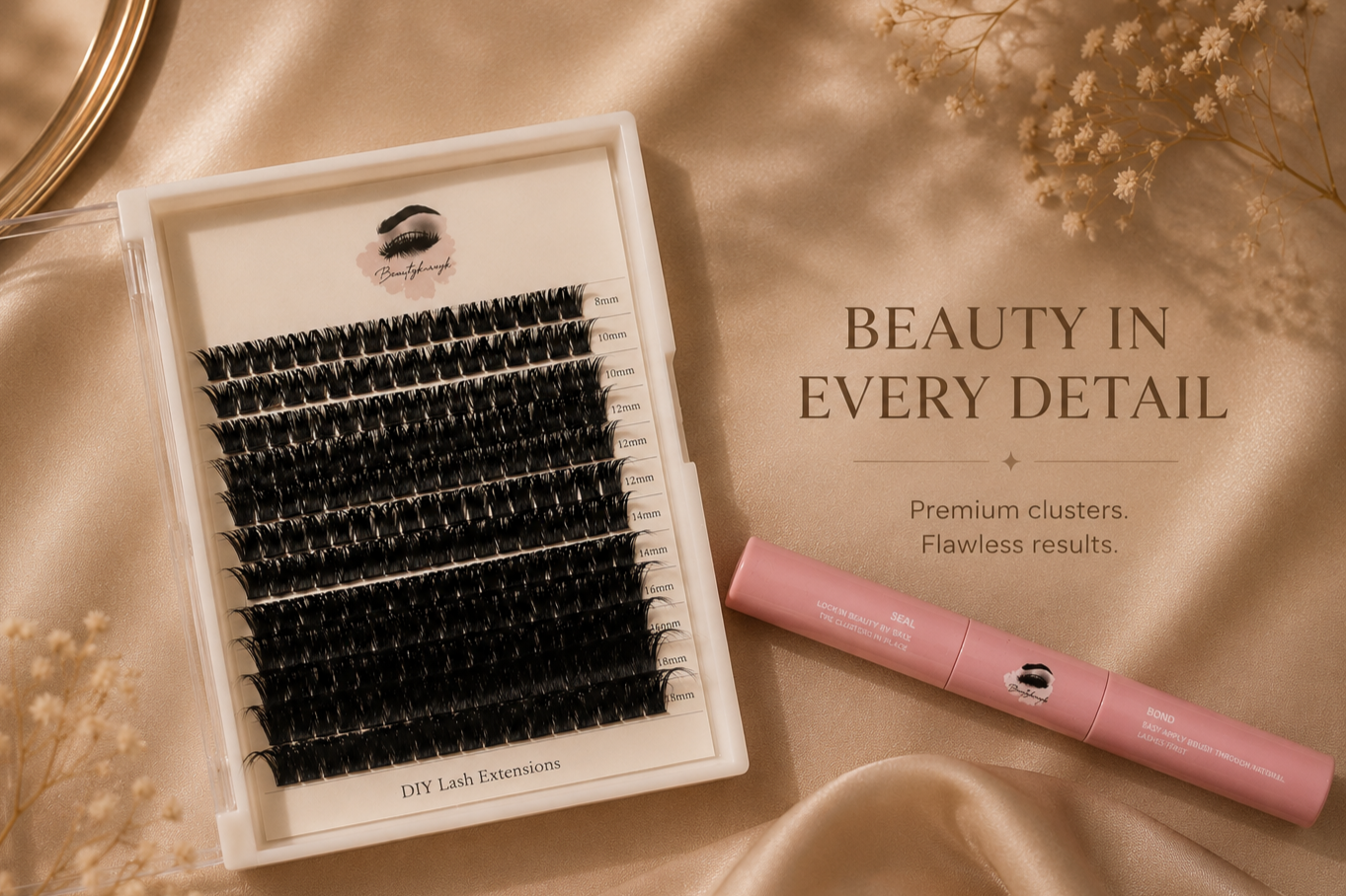A set of DIY eyelash extensions in various lengths arranged in a case on a satin surface. A pink eyelash adhesive tube and decorative dried flowers are also present, with the words 'Beauty in Every Detail' and promotional text about eyelash quality on the satin background.