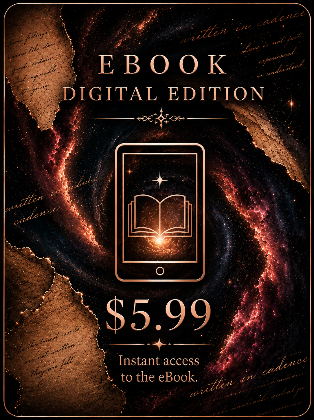 Promotional graphic for a digital ebook edition priced at $5.99, featuring a cosmic background with nebulae and stars. Highlights include an outline of a smartphone with an open book icon and text promoting instant access to the ebook.