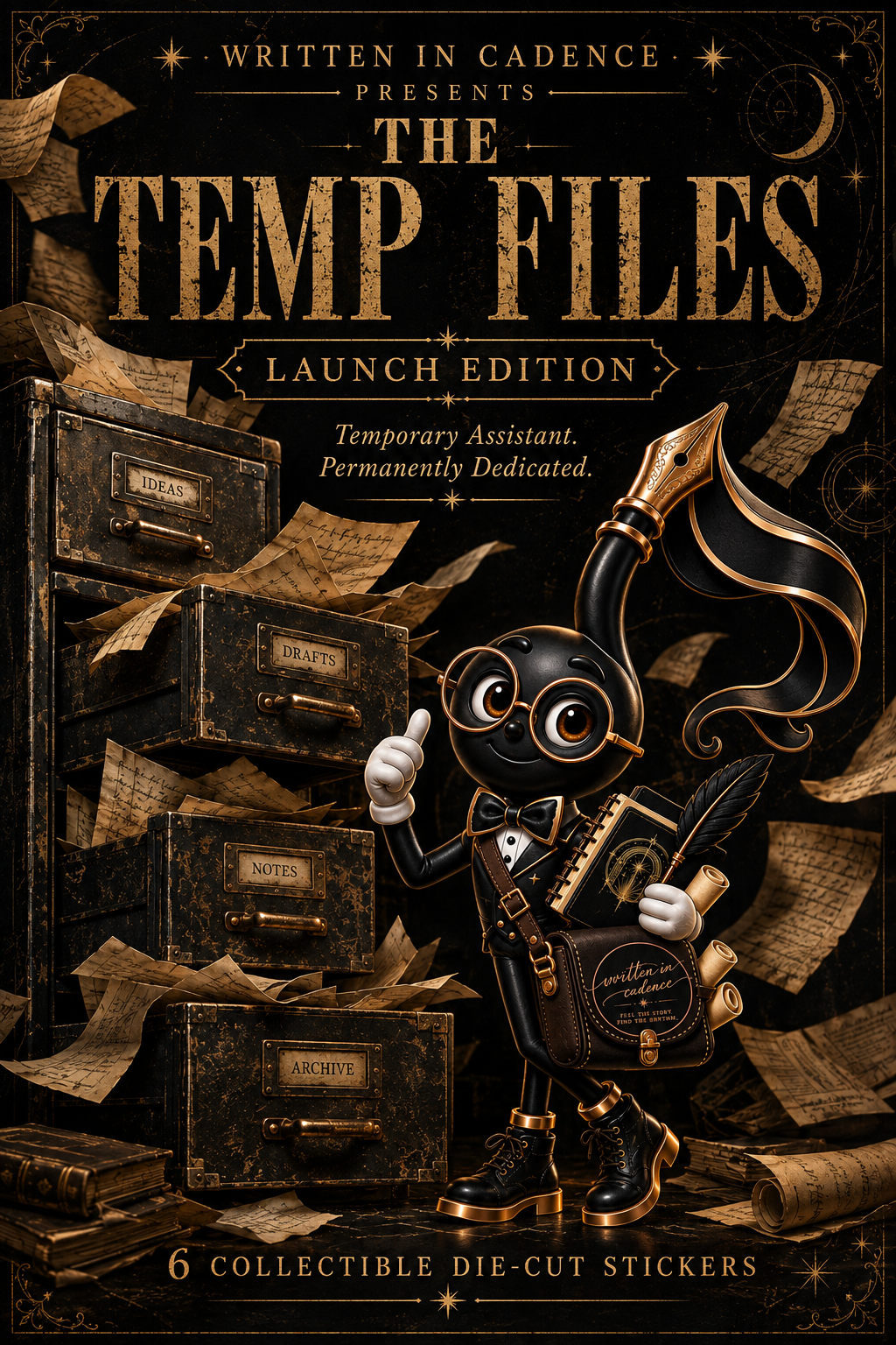 The Temp Files Sticker Pack | 6 Collectible Die-Cut Stickers | Written in Cadence Launch Edition | Bookish Writer Stickers