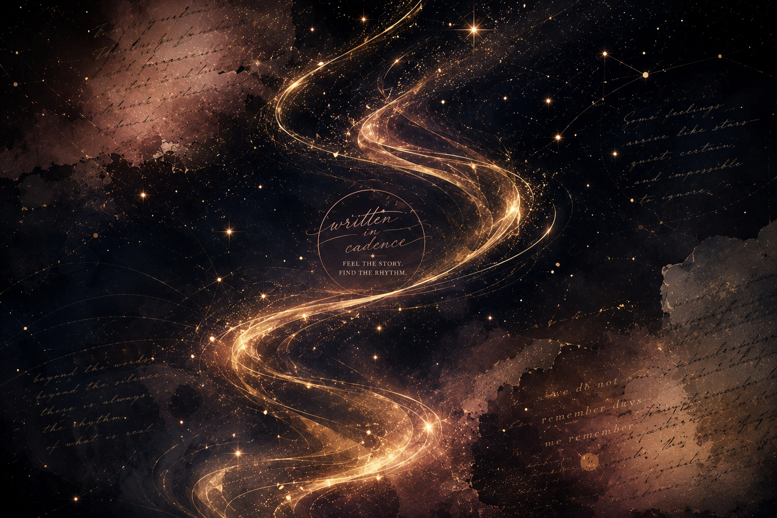 Glowing rose-gold ribbons swirl through a star-filled sky with handwritten script and parchment textures surrounding the Written in Cadence logo.