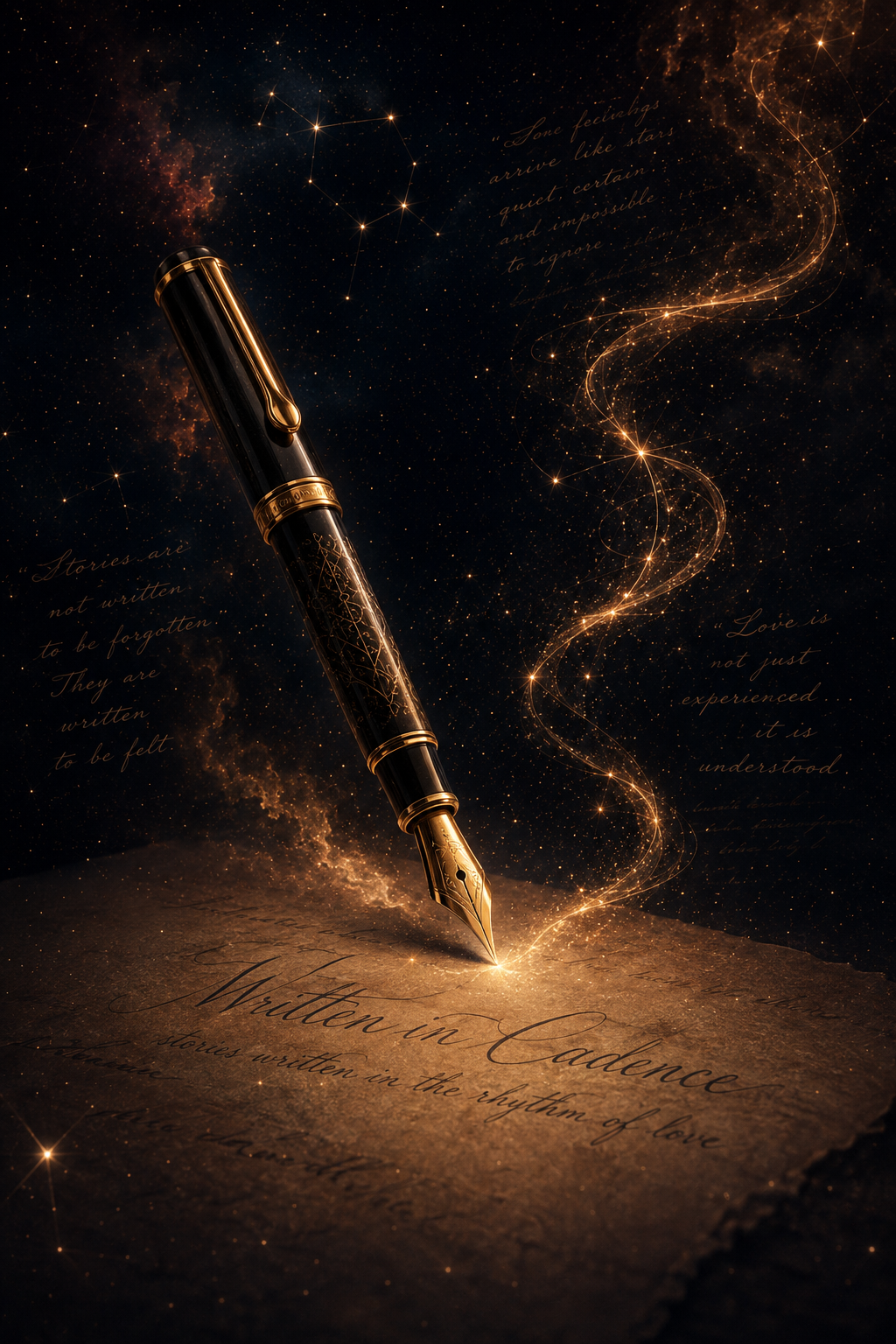 A golden fountain pen writing on a piece of paper with the phrase 'Written in Cadence,' surrounded by glowing stars and cosmic swirls in a dark space background.
