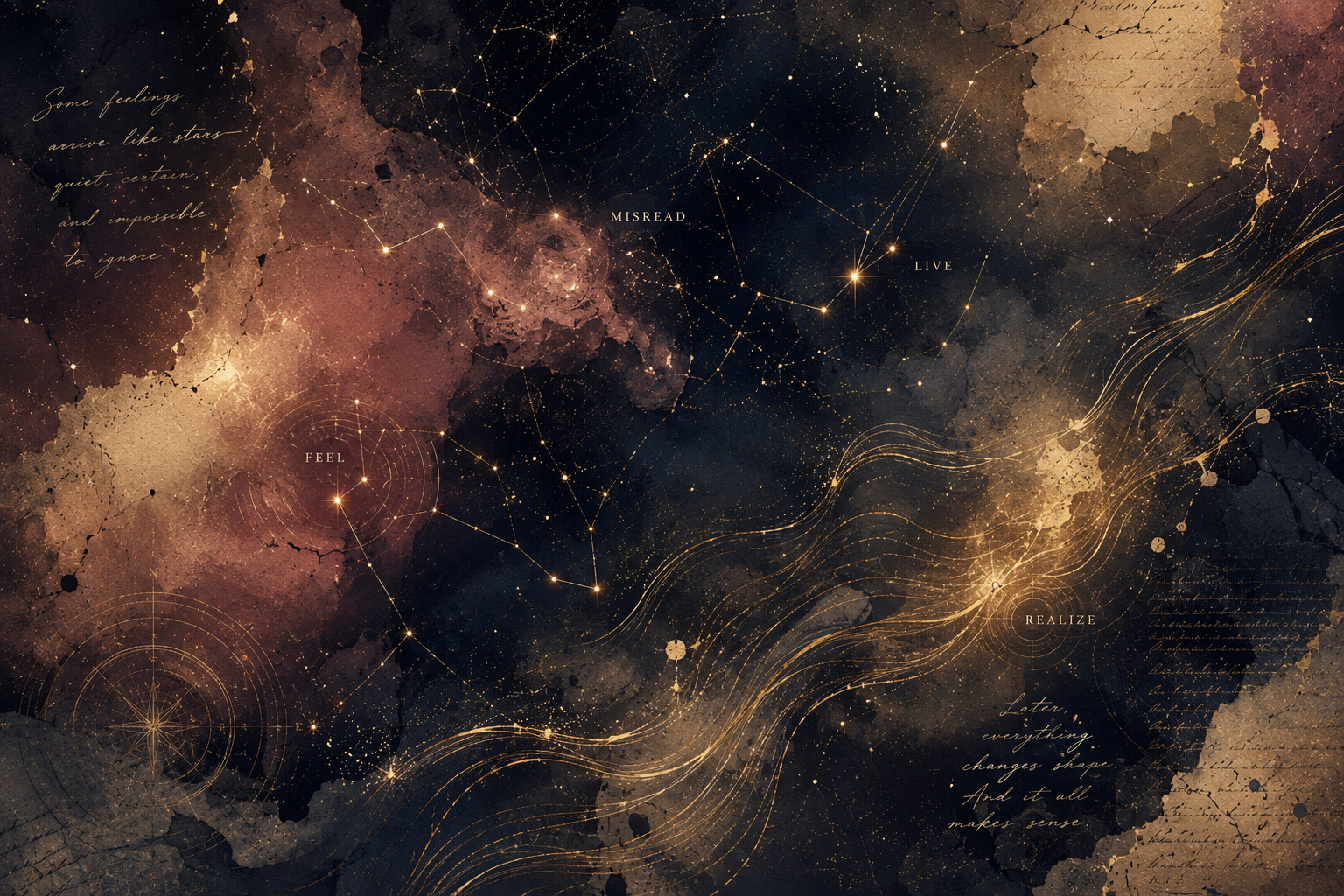 Abstract celestial artwork with blush and gold nebulae, with stars, constellations, faint handwritten text, and gold accents. Contains words like 'FEEL,' 'MISREAD,' 'LIVE,' 'REALIZE,' and a quote about change.