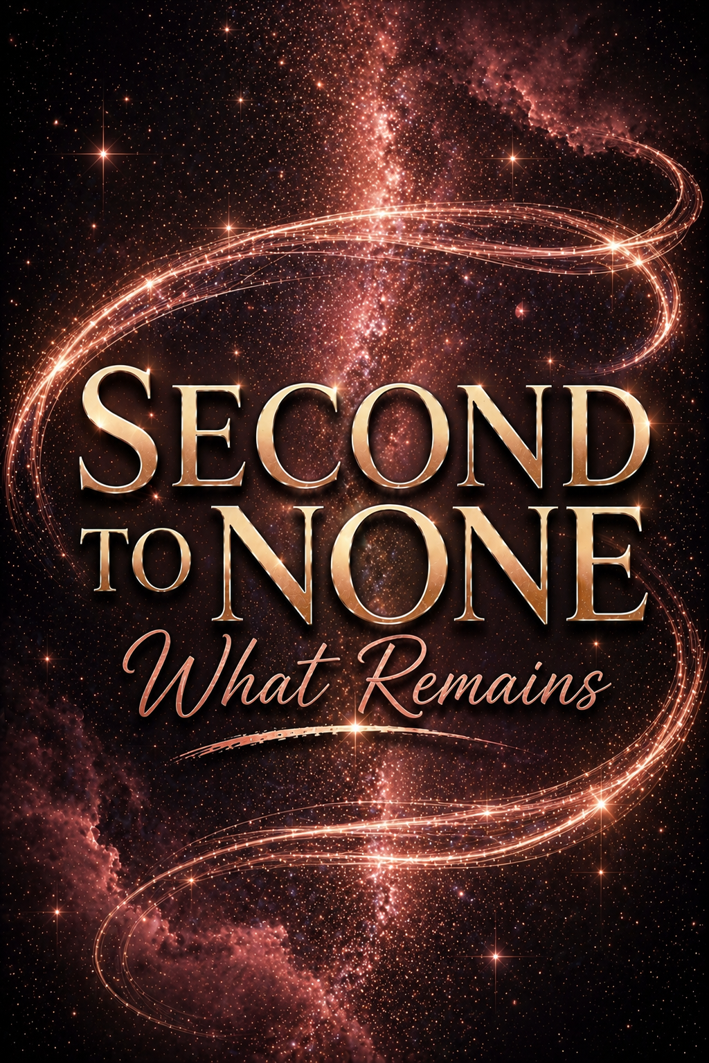 A Book cover with a warm rose-gold cosmic graphic featuring sparkling stars, swirling light trails, and the title “Second to None: What Remains” in elegant metallic typography.
