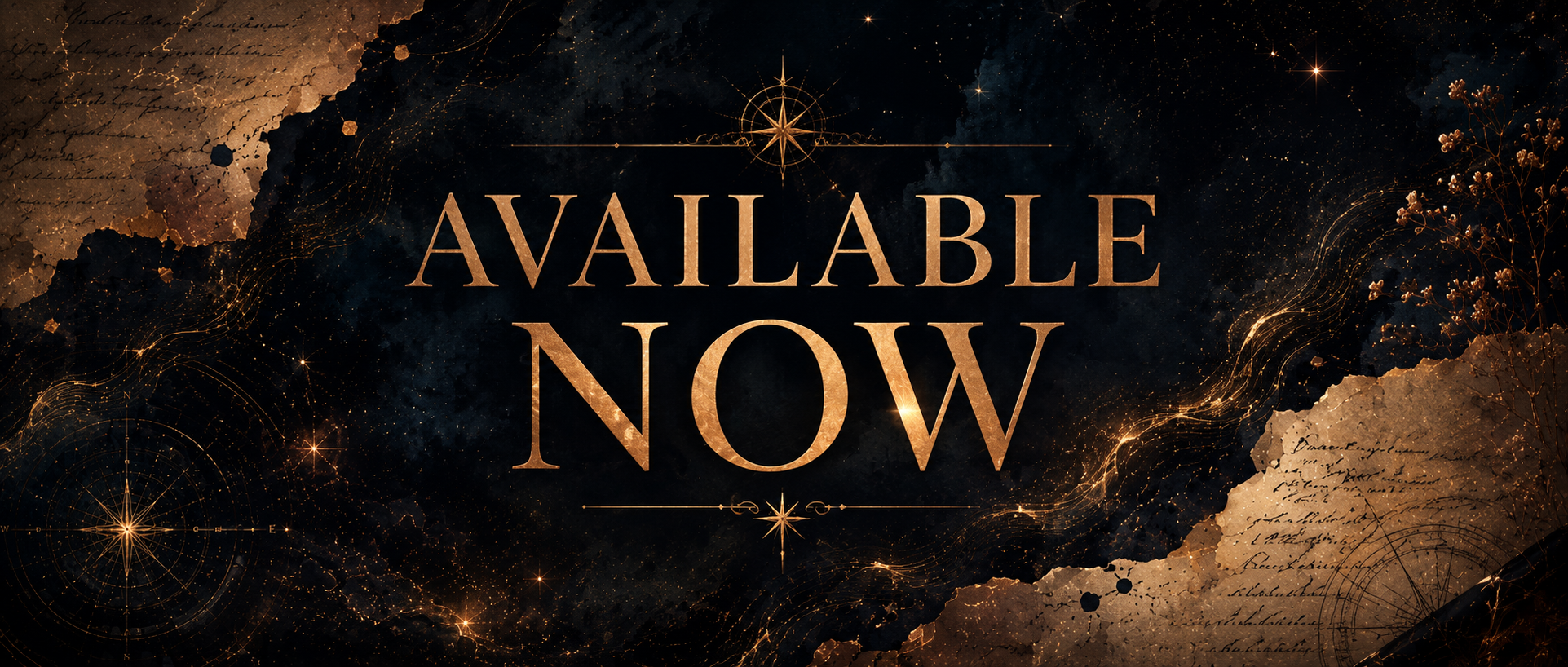 Dark cosmic background with gold accents, constellations, stars, celestial designs, torn paper edges, and handwritten script. The text 'Available Now' is centered in large, gold font.
