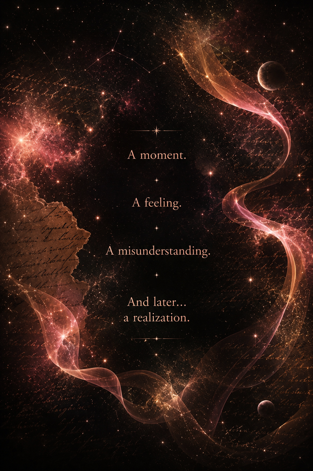 Cinematic cosmic artwork with rose-gold ribbons, drifting script, and the words A moment. A feeling. A misunderstanding. And later... a realization.