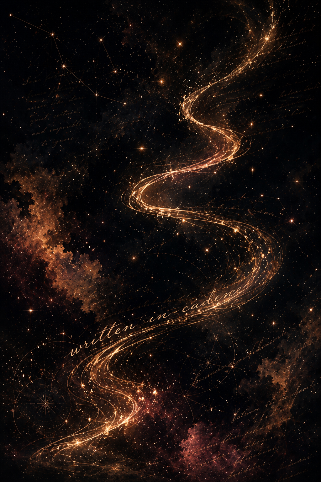 Glowing rose-gold light ribbons weave through a star-filled sky, forming the words Written in Cadence amid constellations and handwritten script.