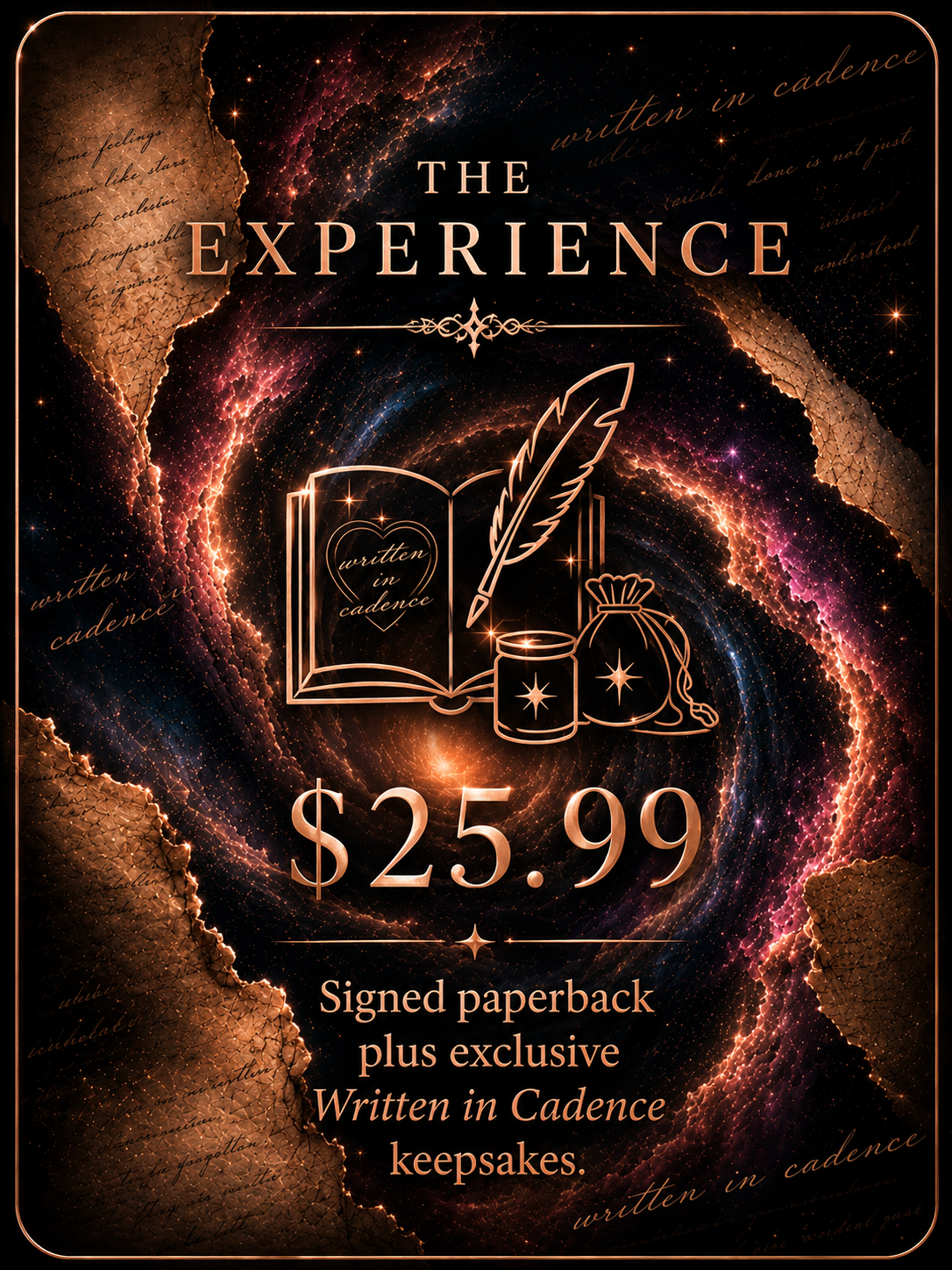 Advertisement for a signed hardcover book titled 'Written in Cadence' priced at $25.99, featuring a cosmic background with stars and nebulae, an open book with a heart, a feather quill, and ink bottles.