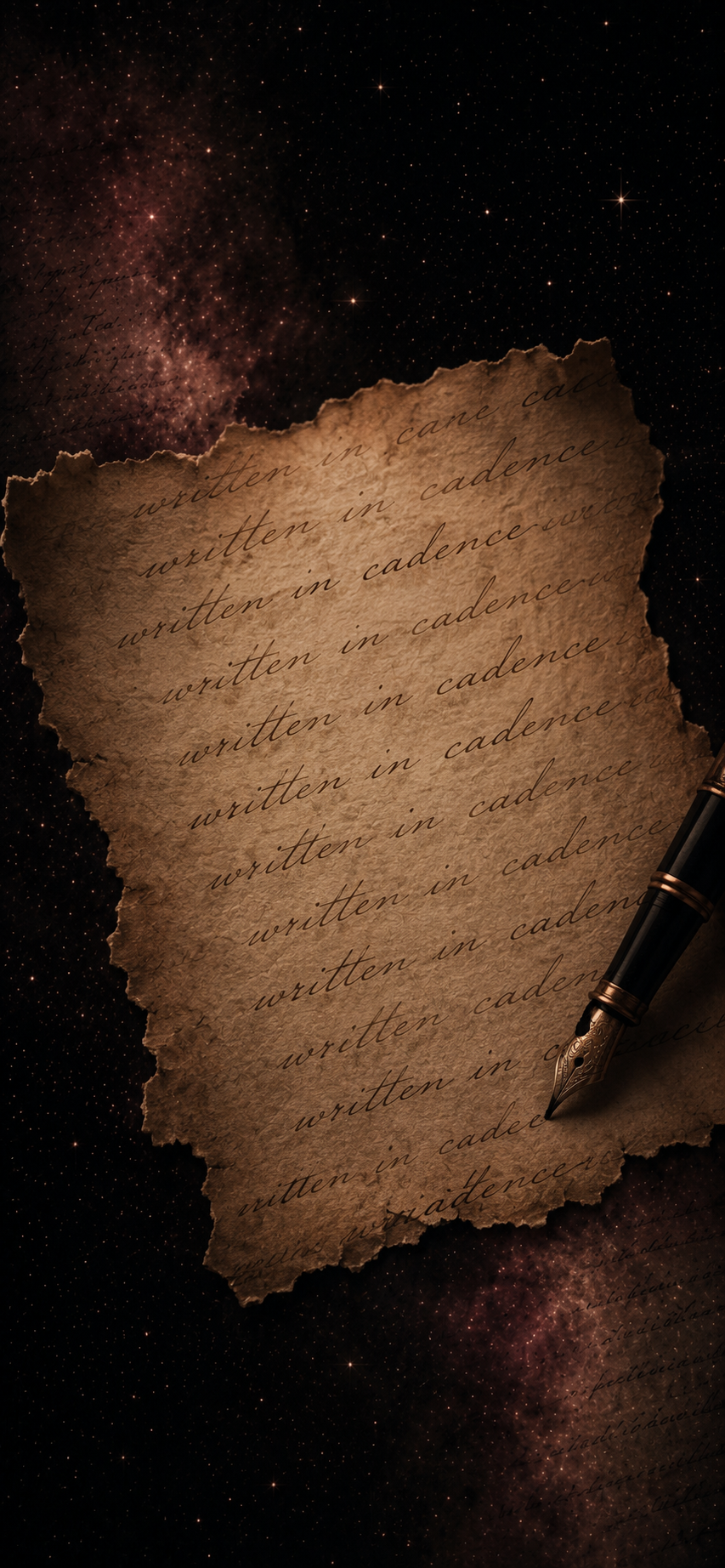 A textured parchment sheet inscribed repeatedly with the words “written in cadence,” set against a cosmic background with stars and a vintage fountain pen resting along the right edge.