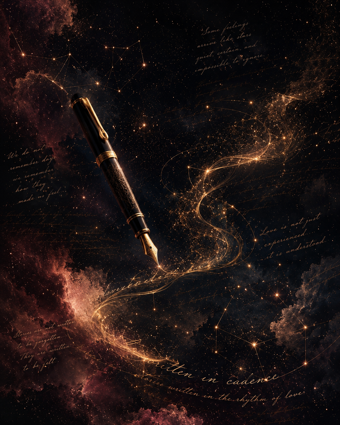 A fountain pen writing glowing script across a star-filled sky with constellations and cosmic light trails, symbolizing the Written in Cadence literary universe.