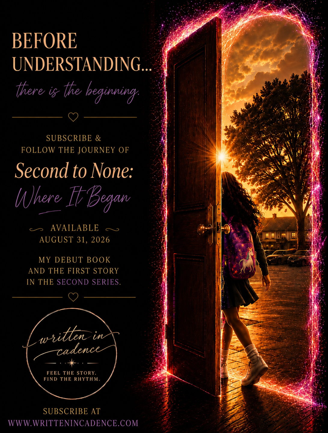 Promotional poster for a debut book release, showing a girl with a backpack stepping through a door into a sunset or sunrise scene with trees and a house, surrounded by a glowing, sparkly pink border.