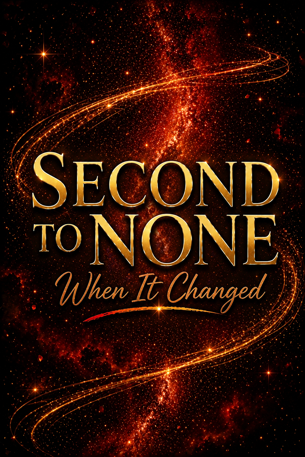 A cinematic book cover teaser with a deep red and black galaxy backdrop, glowing golden light trails, and the title “Second to None: When It Changed” in bold gold typography.