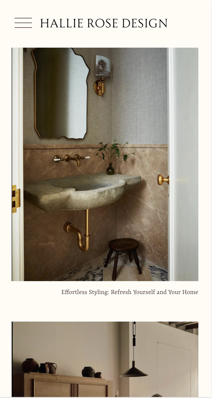 Hallie Rose Design website page featuring an interior project and editorial typography, designed by Demi Lingo Studio.