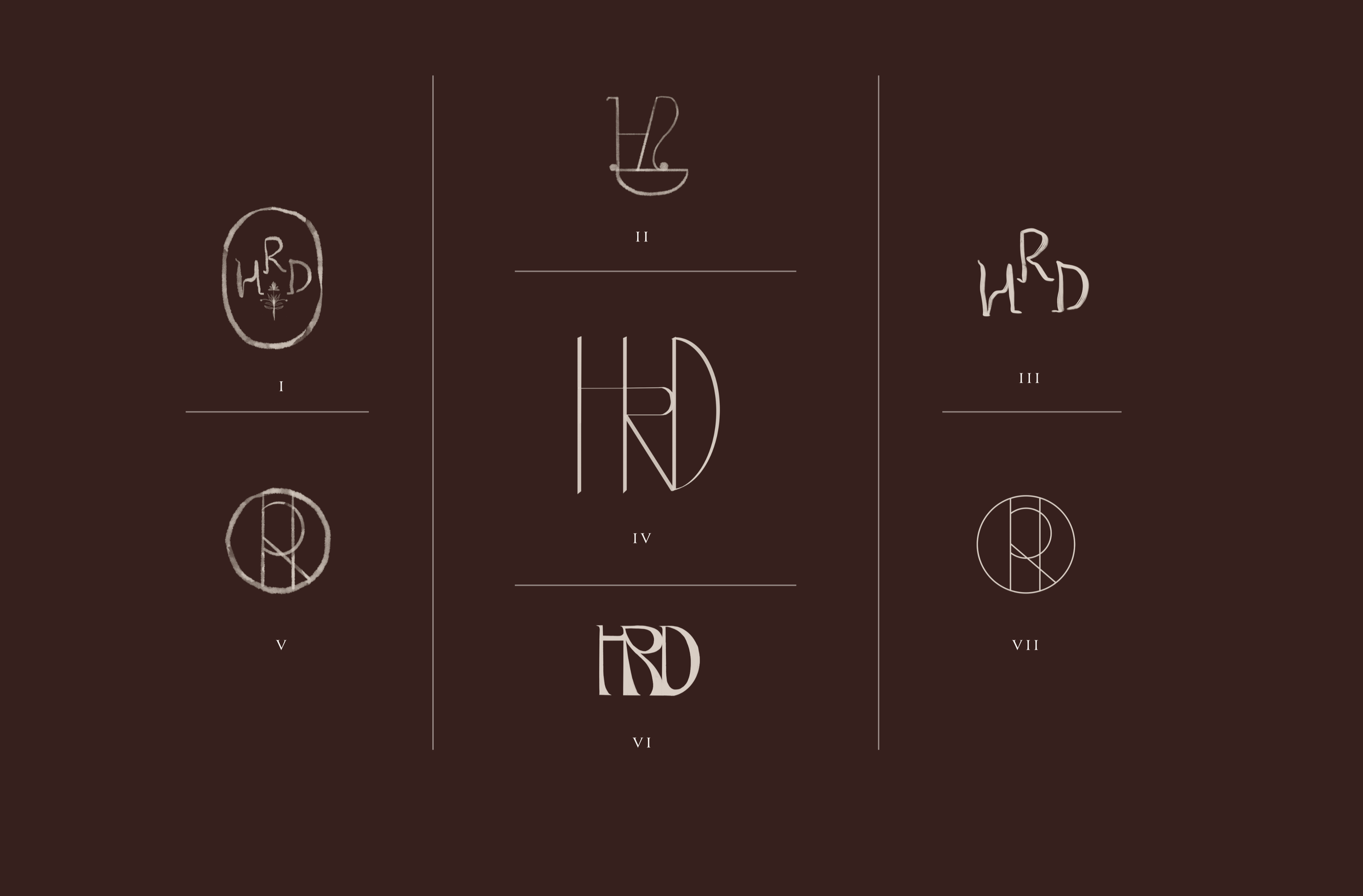 Hallie Rose Design logo and HRD monogram explorations presented on a deep brown brand-development board by Demi Lingo Studio.