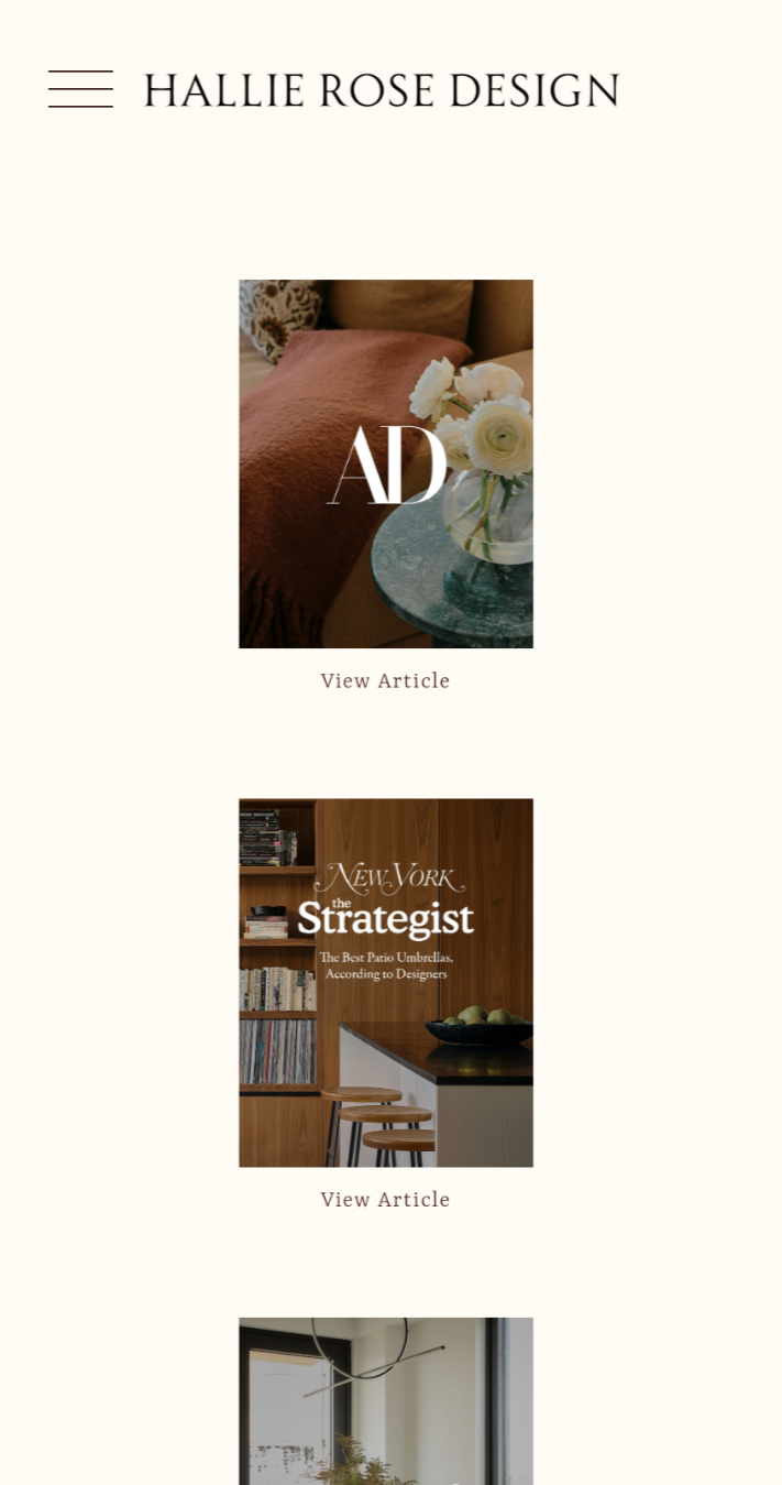 Hallie Rose Design website experience showing interior projects, editorial details, press coverage, and responsive page layouts by Demi Lingo Studio.