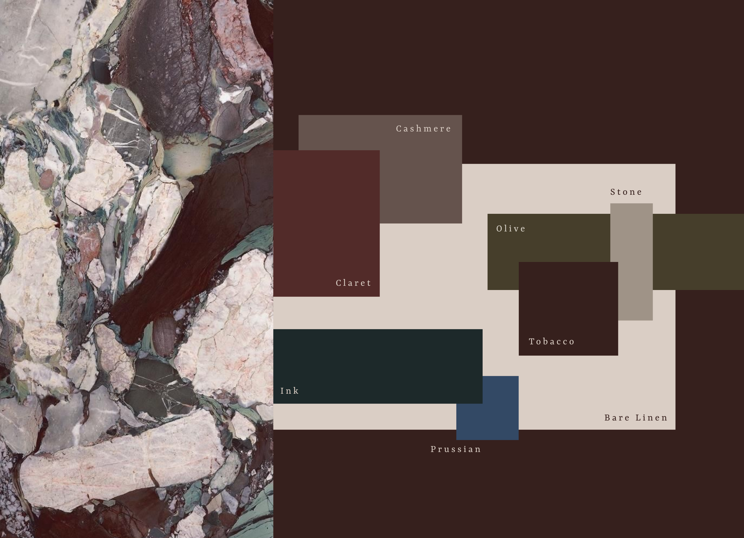 Hallie Rose Design brand color palette in claret, cashmere, olive, stone, tobacco, ink, Prussian blue, and linen, developed by Demi Lingo Studio.