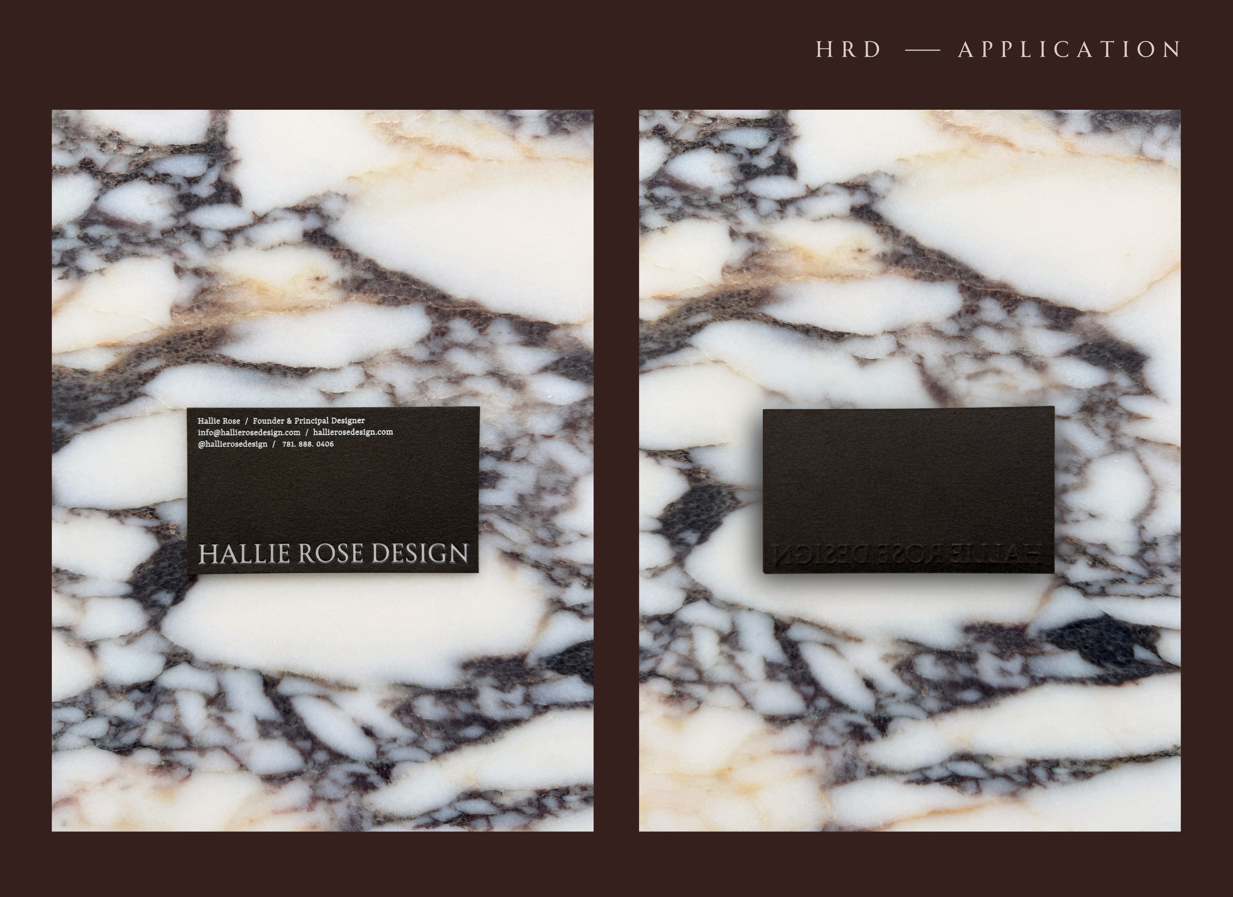 Front and back of Hallie Rose Design business cards on dramatically veined marble, featuring refined typography and embossed detailing by Demi Lingo Studio.
