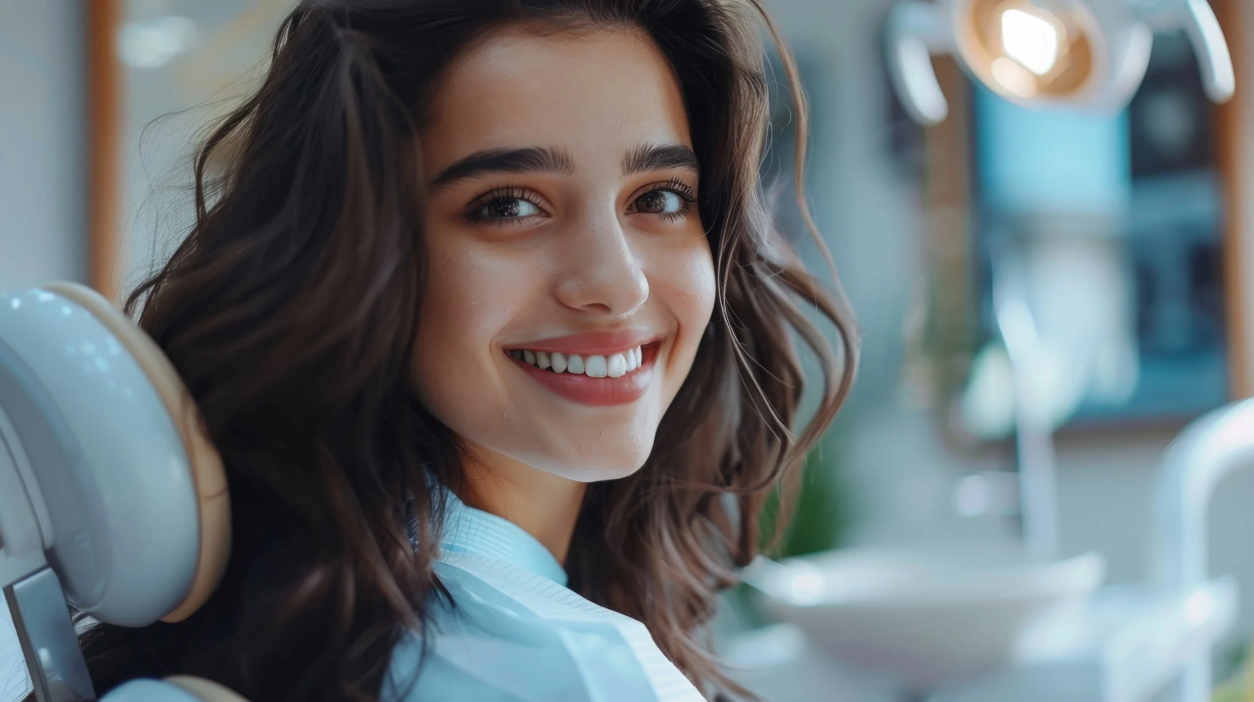 A young woman smiling and sitting in a dental chair looking over her shoulders.