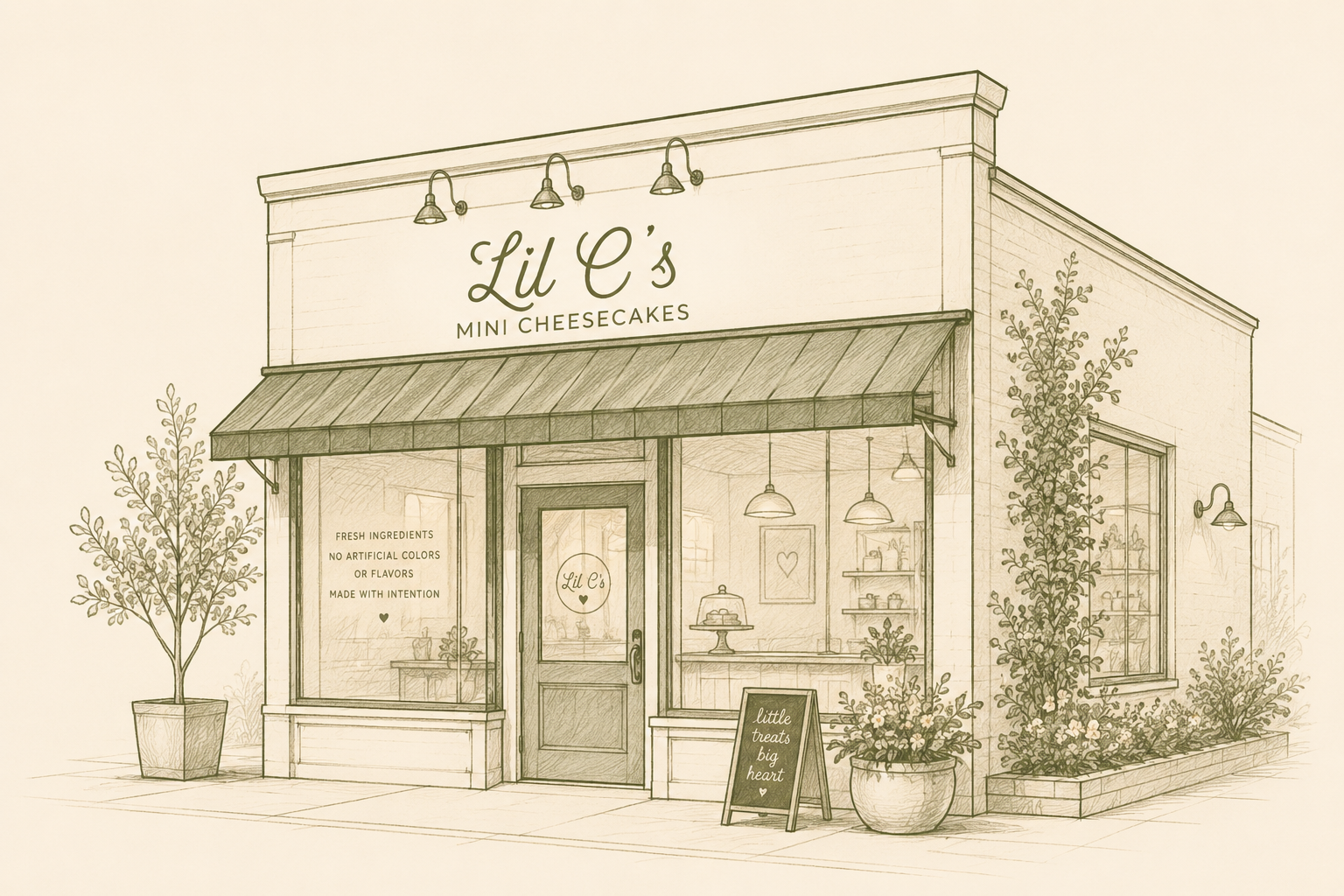 Illustrated concept storefront for Lil C’s Mini Cheesecakes featuring a cozy bakery exterior with eco-friendly branding and handcrafted dessert displays