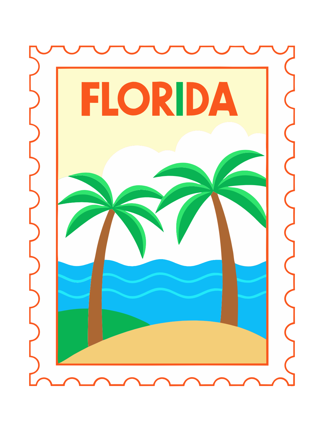 Postage stamp illustration of two palm trees, blue water, a sandy beach, and a sky with clouds, with "Florida" written at the top.