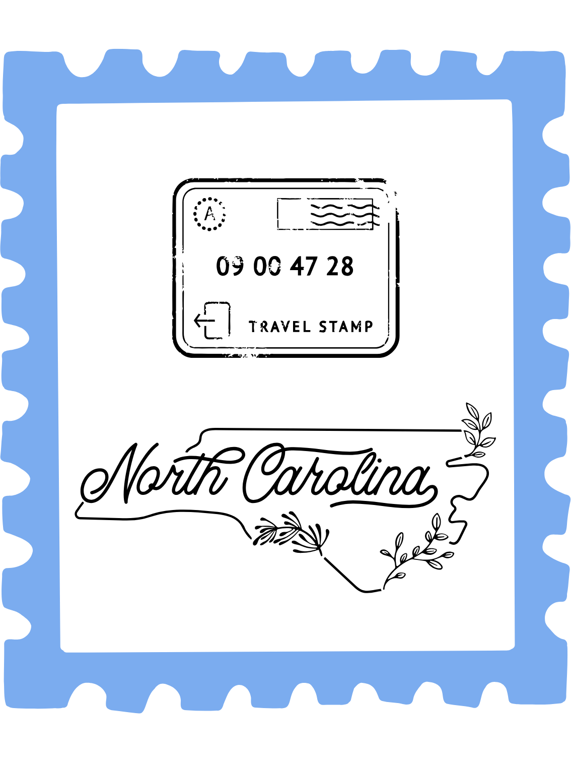 North Carolina travel stamp on a postcard with blue border and decorative script.
