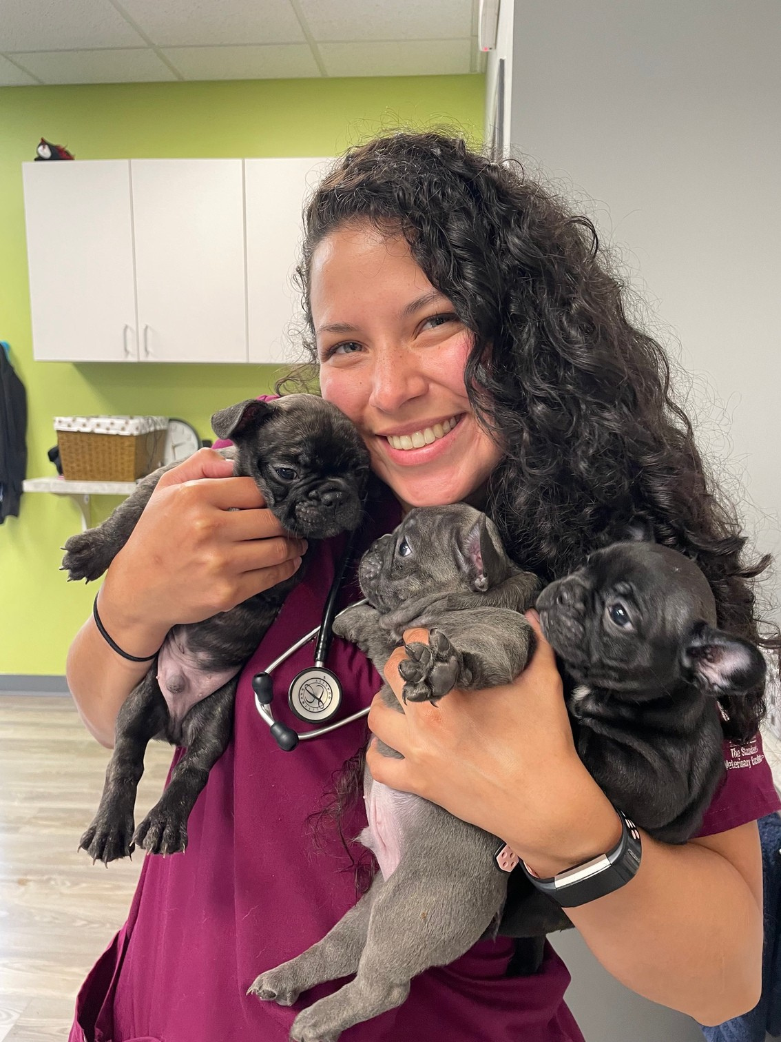 A woman with curly hair holding four puppies, smiling in a veterinary office.