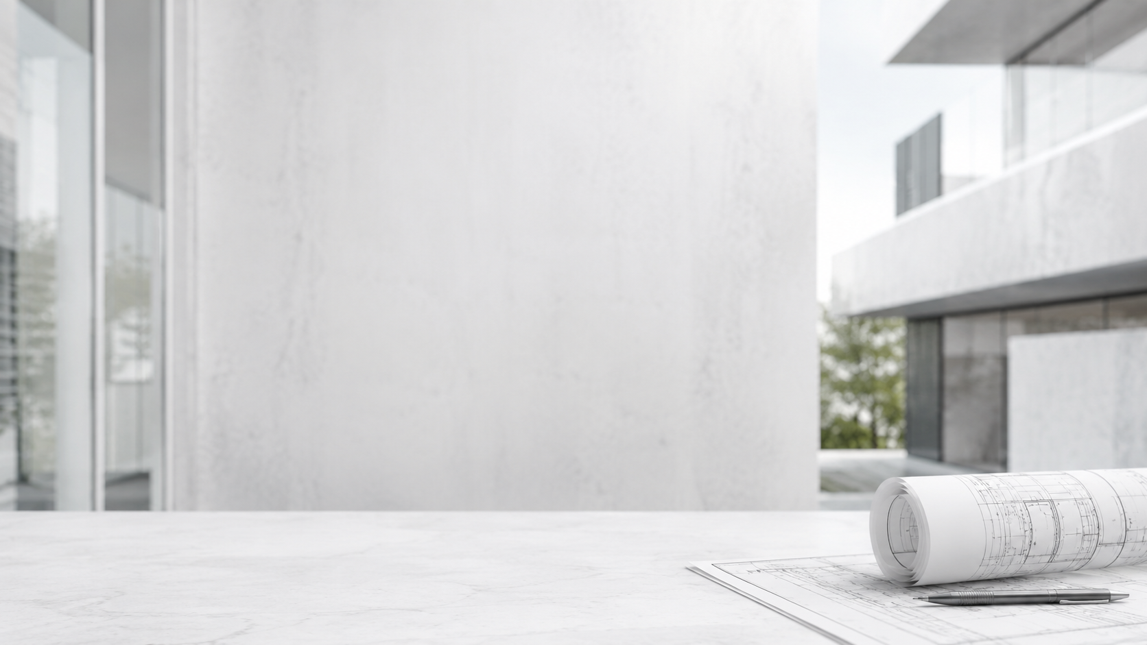 Building plans in a minimalist architectural workspace