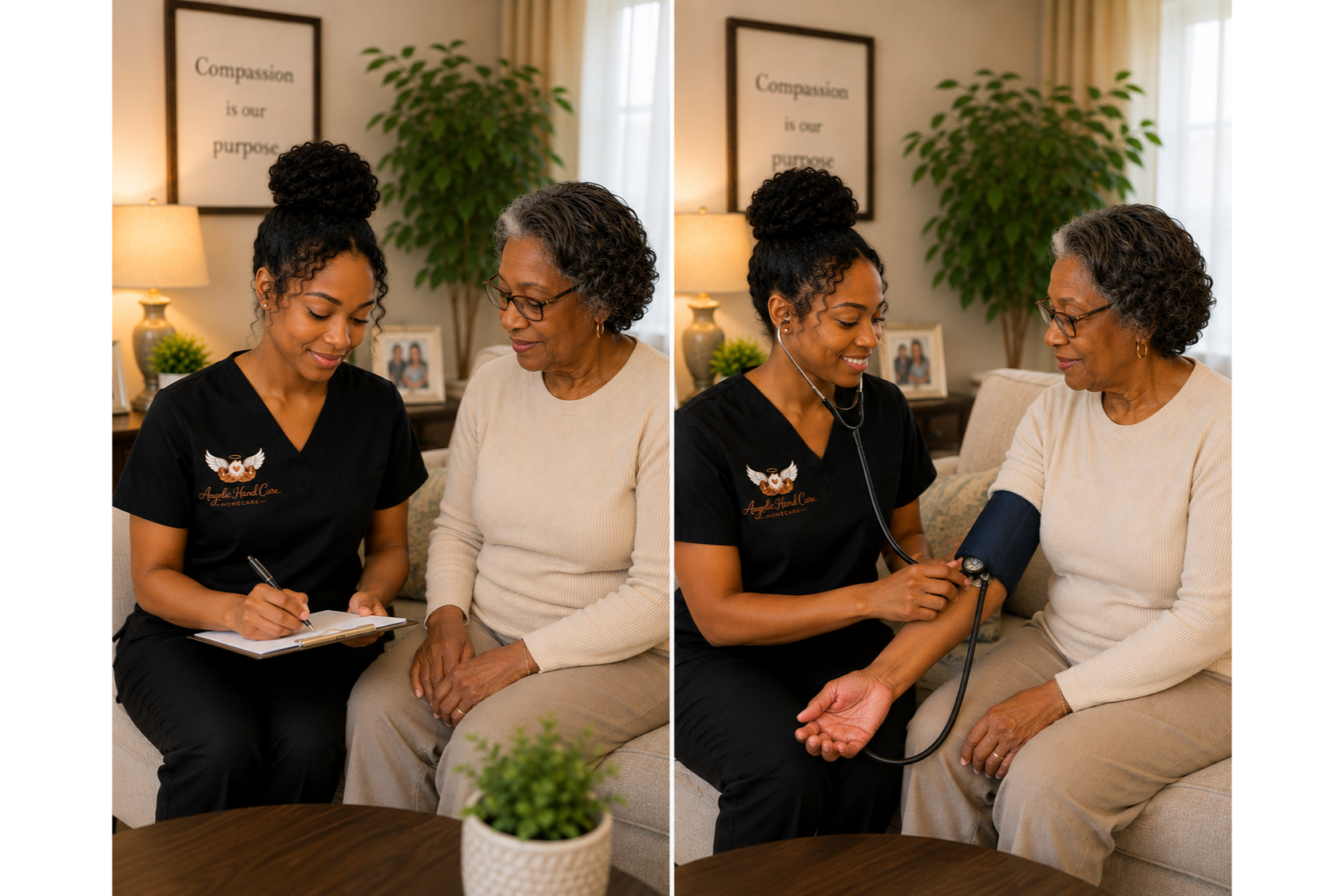 A nurse in black scrubs sitting beside an older woman on a sofa, taking notes and later measuring her blood pressure with a stethoscope and blood pressure cuff in a cozy living room.