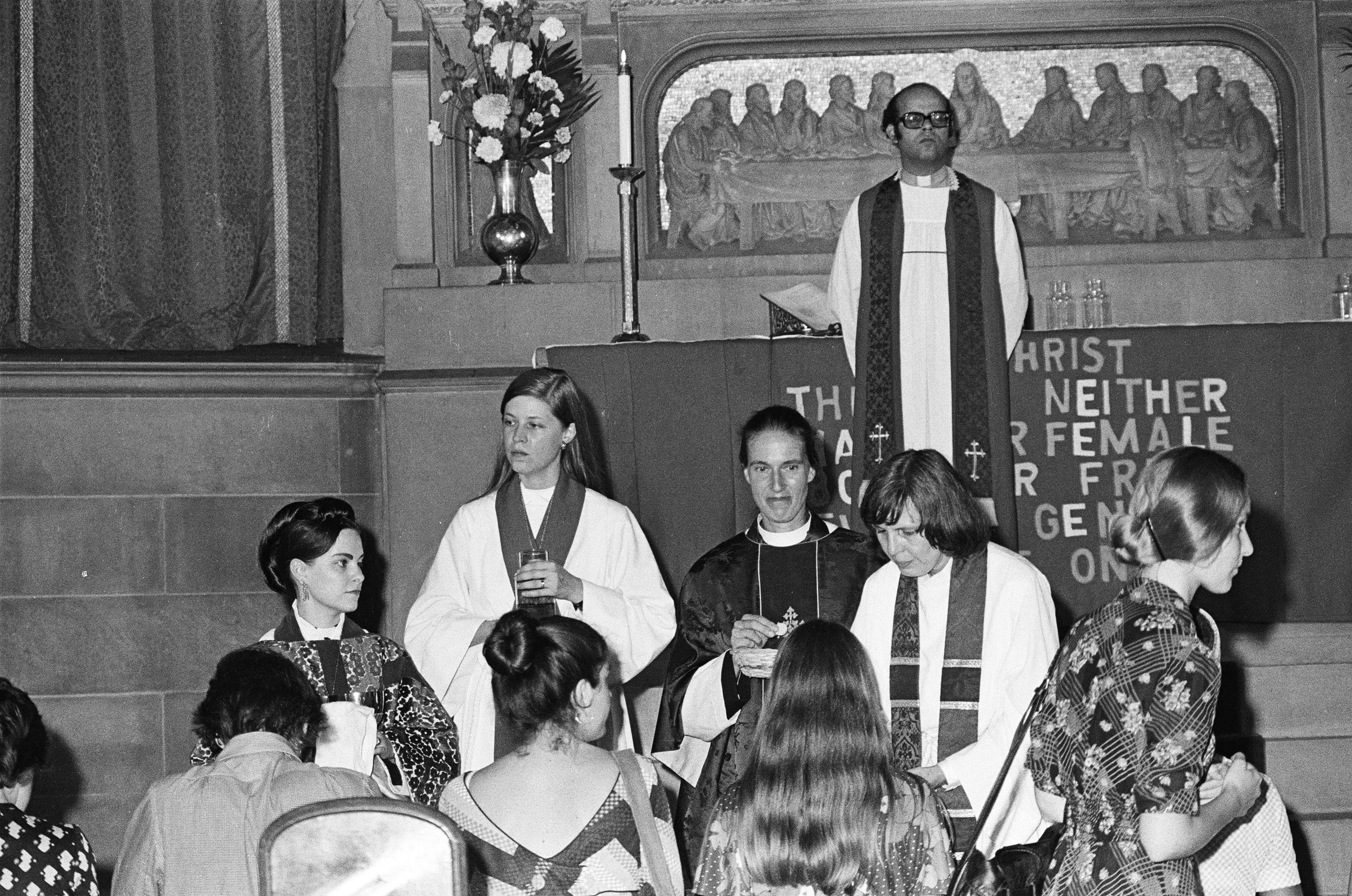 Brad Hess black and white photograph, copyright Darlene O'Dell, Church of the Advocate, Philadelphia Eleven ordinations, 1974, women priests, Alla Bozarth, Nancy Wittig, Katrina Swanson, Betty Bone Schiess, Bishop Tony Ramos, chalice, Episcopal