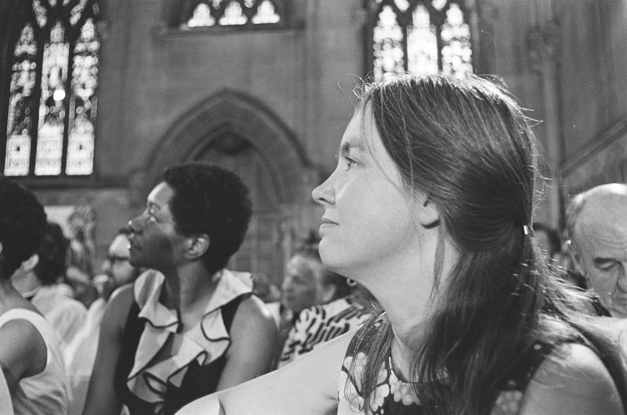 Brad Hess black and white photograph, copyright Darlene O'Dell, Church of the Advocate, Philadelphia, Episcopal women's ordination, July, priests, Supporters seated inside., women priests