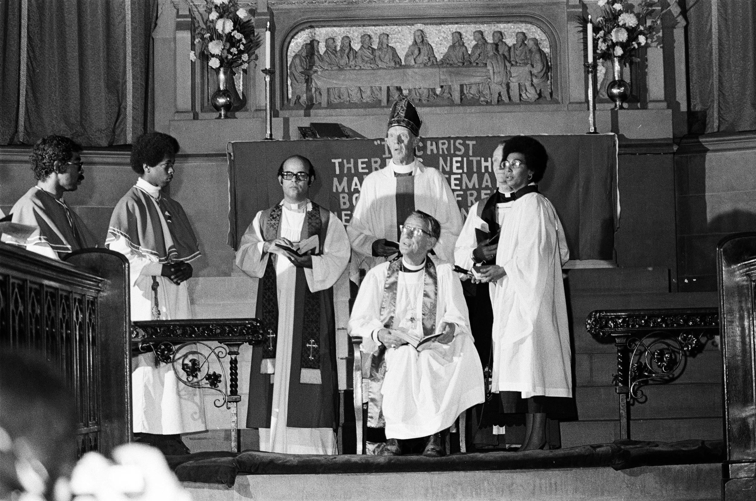 Brad Hess photograph of Philadelphia 11 ordinations. 1974. women priests. Bishops at the altar