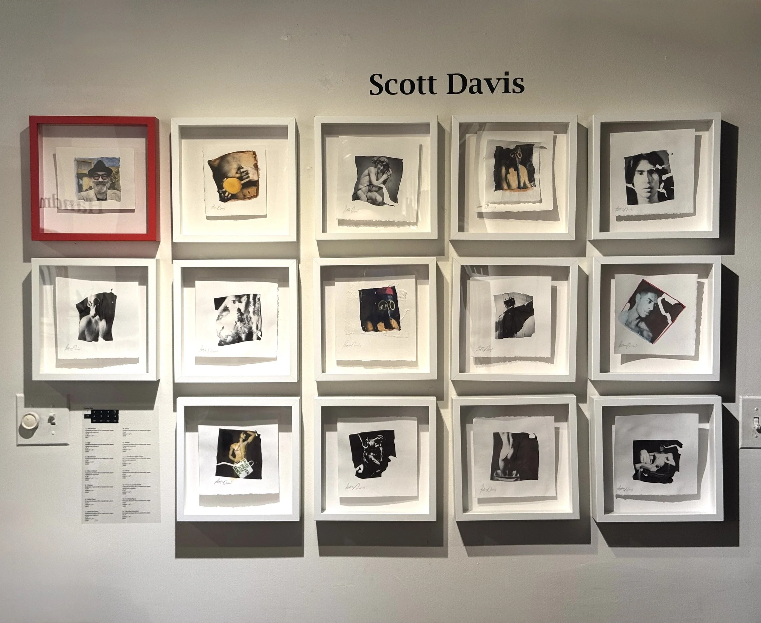 An art exhibition wall displaying multiple framed photographs, mainly in black and white, with some colored images. The photographs include portraits, artistic poses, and sculptures. The artist's name, Scott Davis, is written above the artworks.