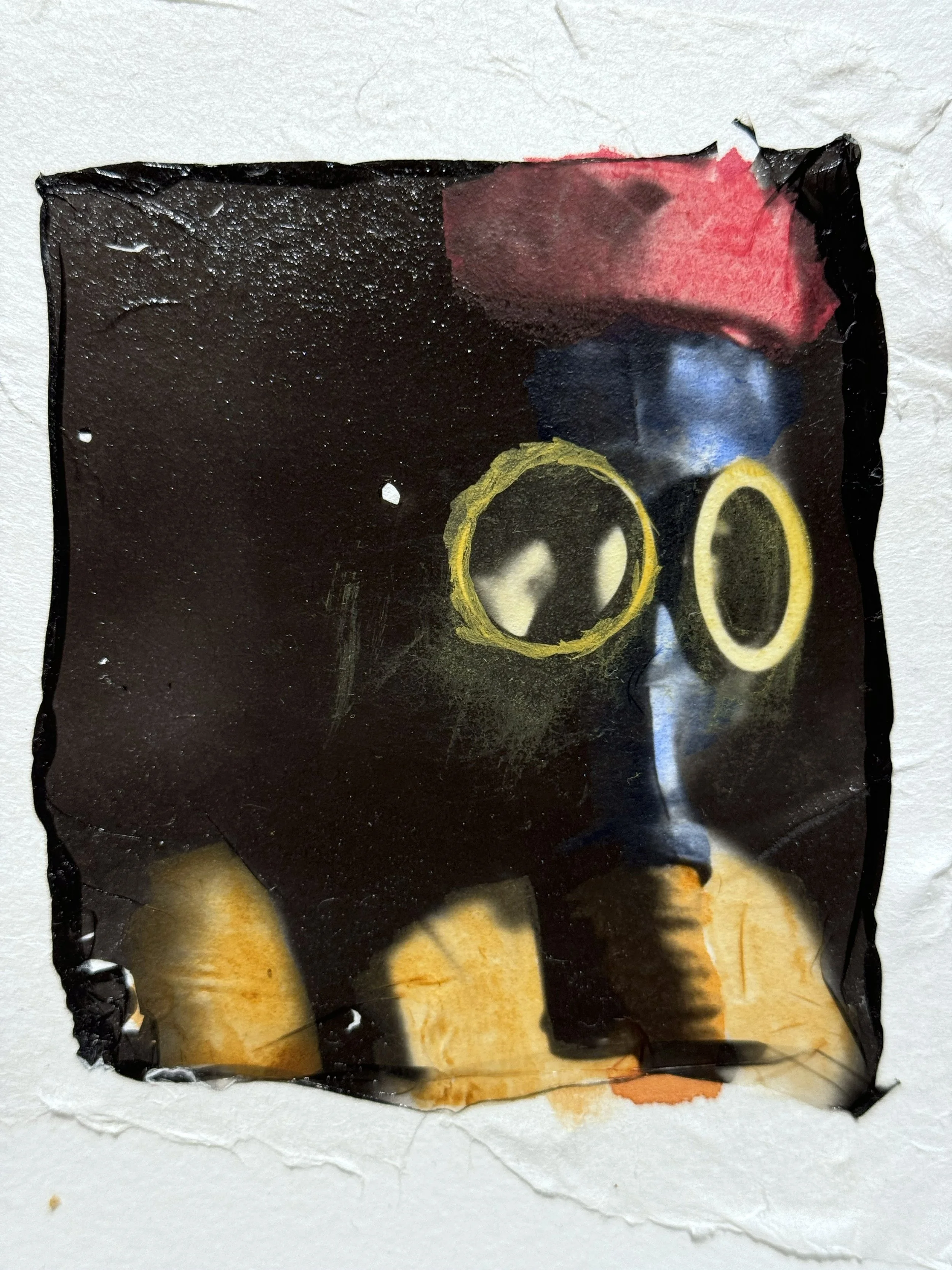 Nightmare Vision | 
Hand-colored Polaroid emulsion transfer on Washi paper mounted on watercolor paper | 
4x4 inches | 
Edition of 1 | 
$1500 