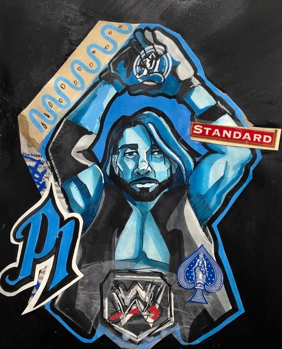 A collage-style artwork of a muscular man with long hair and a beard, holding a blue and white card above his head. The man has a championship belt with the WWE logo around his waist. There is a stylized letter 'P' on the left, a Playing Card king of spades on the right, and a red sticker with the word 'STANDARD' on the upper right. The background is black with torn paper textures.