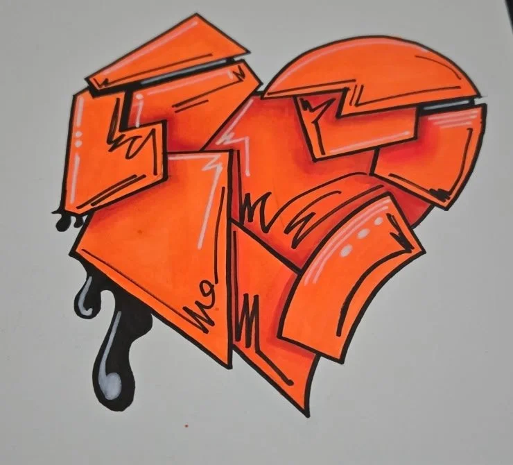 Graffiti-style artwork of a broken heart with orange and red colors, outlined in black, with black drips at the bottom.